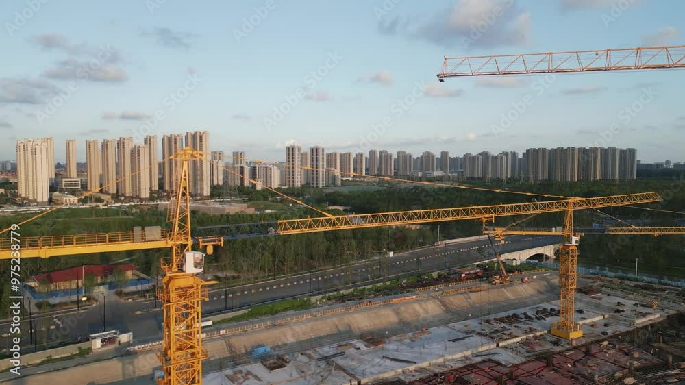 construction site aerial view of yellow crane with modern smart city ...