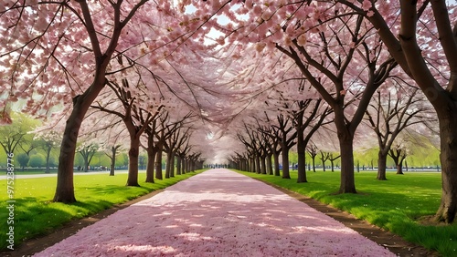 The cherry blossom trees create a canopy of soft pink hues, dancing under the spring sun rays, with delicate petals falling like snow to cover the ground in beauty.