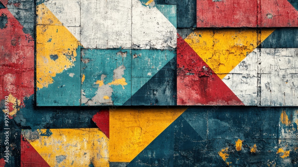 Naklejka premium Vibrant Geometric Mural with Brick Wall Background and Abstract Shapes in Red Yellow Blue Green.