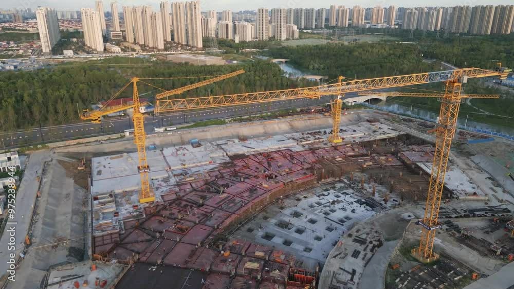 construction site aerial view of yellow crane with modern smart city ...
