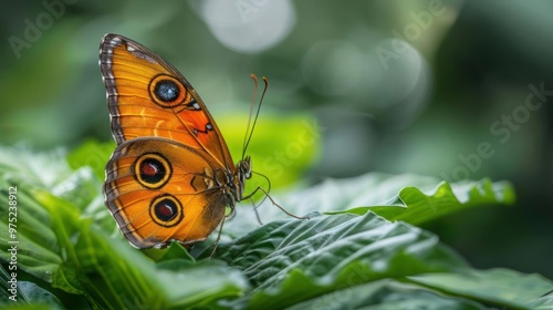 a vivid orange and black butterfly standing on a leaf, displaying its intricate patterns and colors. photo