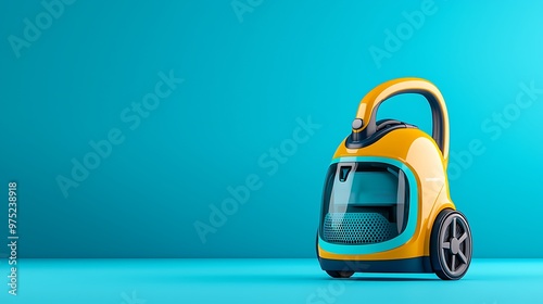 A yellow and blue vacuum cleaner stands boldly on a blue background.