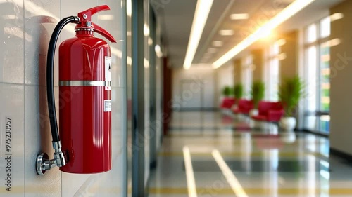 Essential fire safety equipment on display in a modern office hallway during daylight hours
