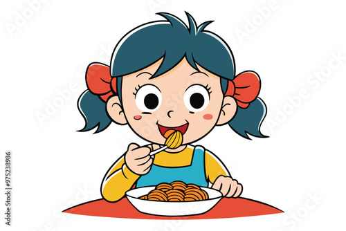 Girl eating spaghetti, vector illustration on white background.