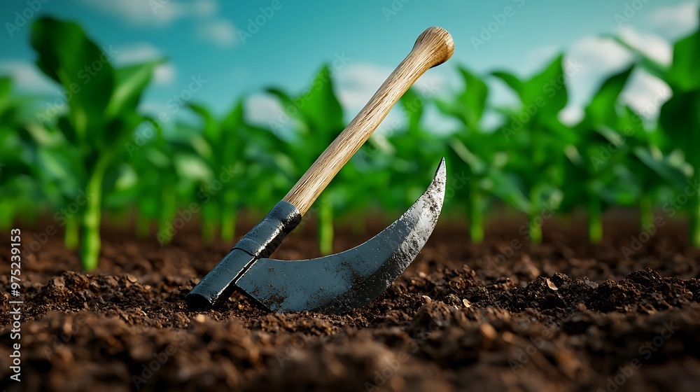 A black axe rests dramatically in a lush field of green plants. A black axe rests dramatically in a lush field of green plants.