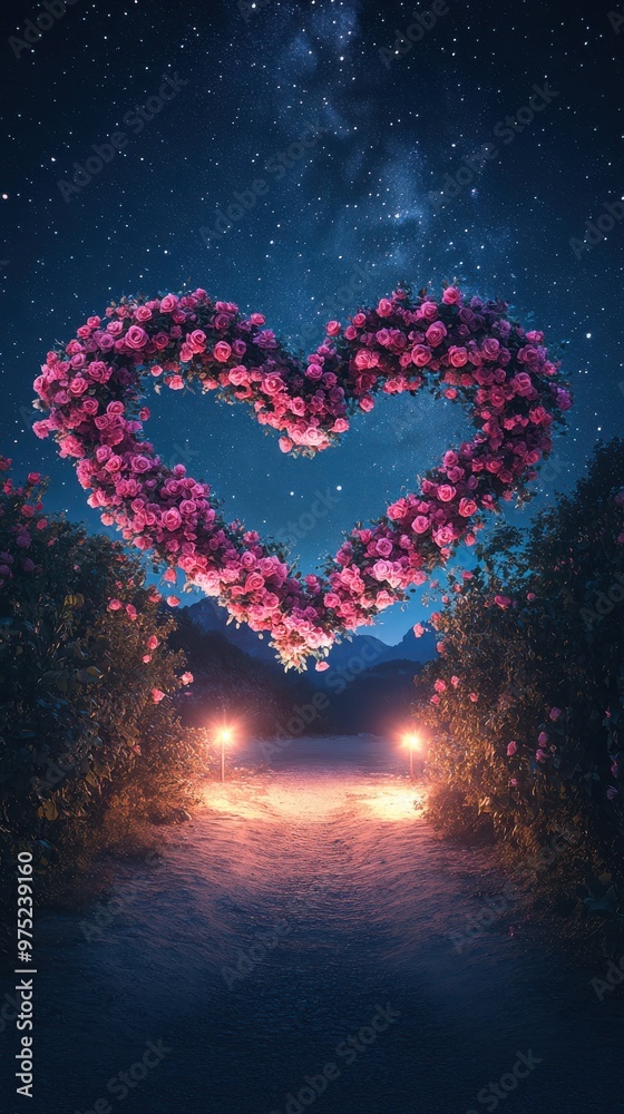 Nighttime Sky with Heart Shape Illuminated Under Stars. Nighttime Sky with Heart Shape Illuminated Under Stars.