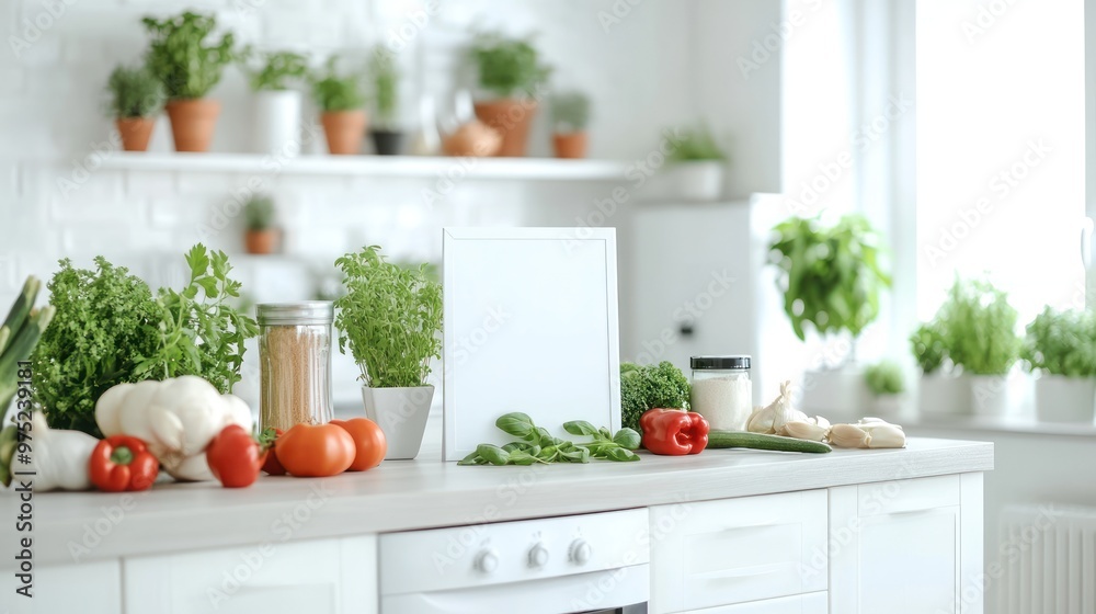 A bright kitchen with fresh vegetables and herbs, ready for cooking. A bright kitchen with fresh vegetables and herbs, ready for cooking.