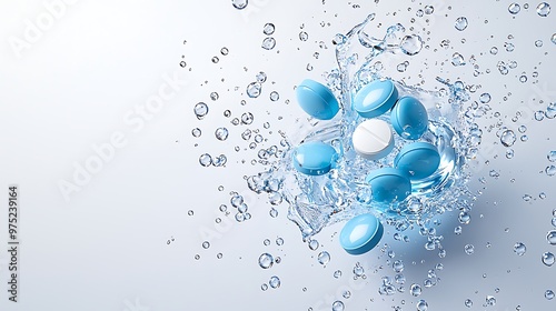 Blue pills splash dramatically into water, surrounded by rising bubbles.