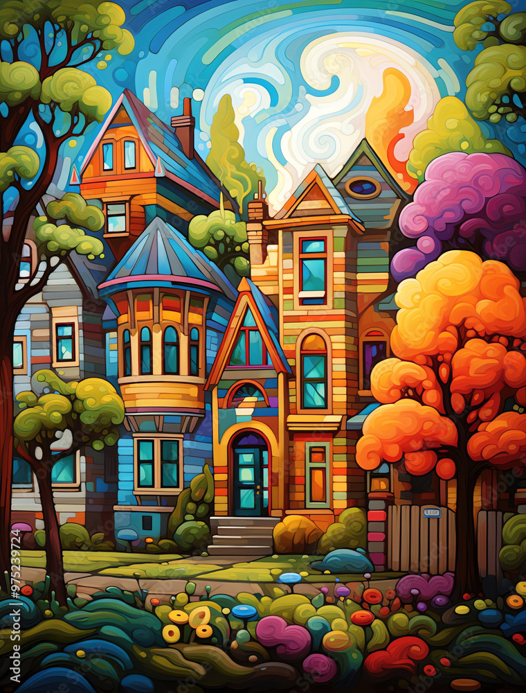 Obraz premium colorful detailed vector art of an old Victorian style house surrounded by trees and colorful bushes, whimsical 