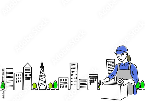 梱包をする女性の引越し業者と街並みのシンプル線画