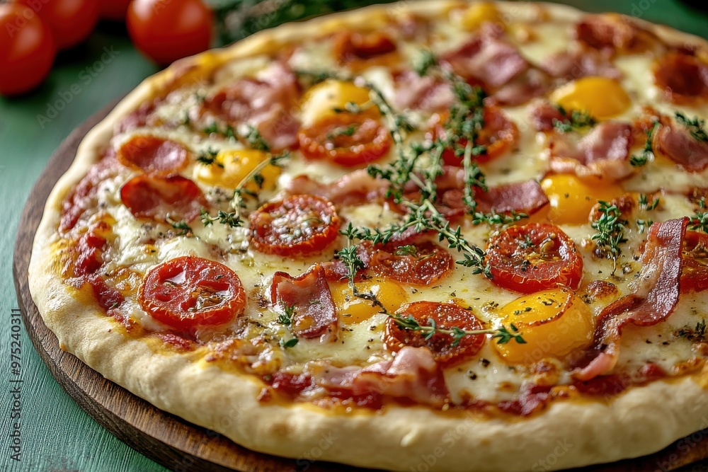 Delicious Homemade Pizza with Fresh Toppings on Wooden Tray Delicious Homemade Pizza with Fresh Toppings on Wooden Tray