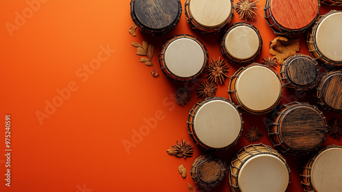 Bongos and Claves Pattern, hand drums and claves arranged in a lively rhythm-based design, Hispanic heritage, with copy space photo