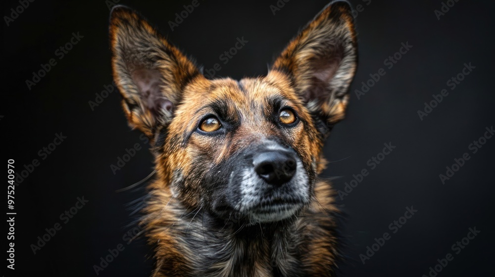 Portrait of a German Shepherd looking to its left with attentive expression and ears perked up, Portrait of a German Shepherd looking to its left with attentive expression and ears perked up,