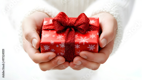 hands holding a Chritmas gift box, mimicking a gesture of giving, isolated on a clean white background.