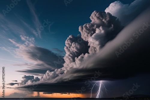 Dramatic Thunderstorm Clouds and Brilliant Lightning Over Evening Sky photo