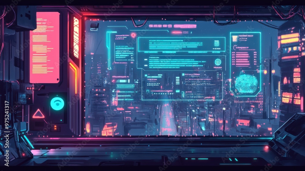 Futuristic cityscape with digital interfaces and neon lights. Futuristic cityscape with digital interfaces and neon lights.