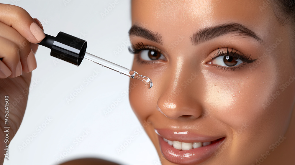 Smiling Afro-American Woman Applying Hyaluronic Acid Serum, Enriched with Vitamin C and Niacinamide for Hydration and Radiant Skin, Solid White Background. Smiling Afro-American Woman Applying Hyaluronic Acid Serum, Enriched with Vitamin C and Niacinamide for Hydration and Radiant Skin, Solid White Background.