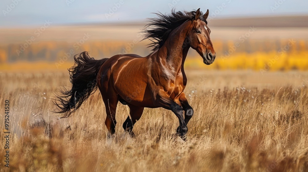 A horse is captured mid-gallop across a grassy field with trees in the distance, A horse is captured mid-gallop across a grassy field with trees in the distance,