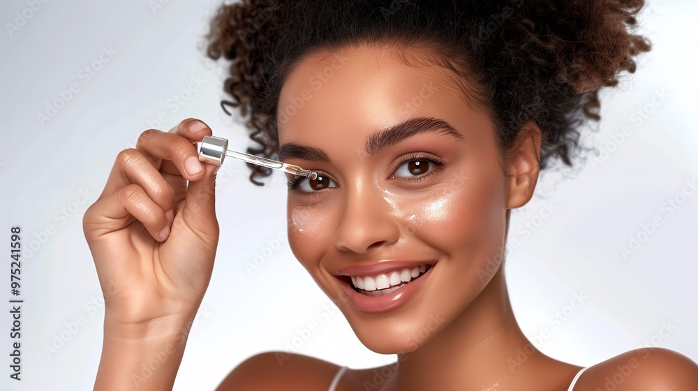 Obraz premium Smiling Afro-American Woman Applying Hyaluronic Acid Serum, Enriched with Vitamin C and Niacinamide for Hydration and Radiant Skin, Solid White Background.