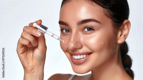 Smiling Caucasian Woman Applying Hyaluronic Acid Serum, Enriched with Vitamin C and Niacinamide for Hydration and Radiant Skin, Solid White Background.