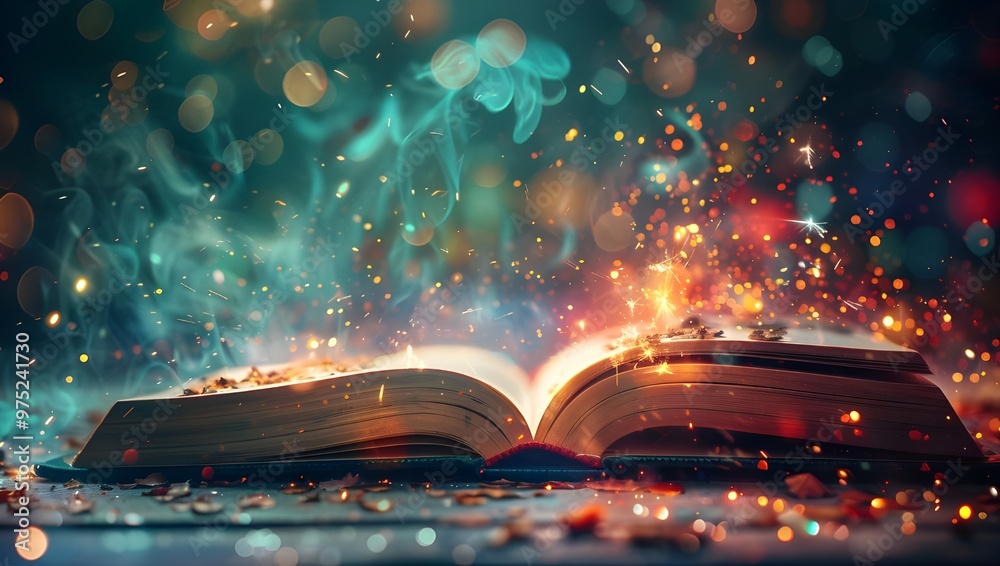 Open book with magic light and glitter bokeh background, christmas concept - Generated AI Open book with magic light and glitter bokeh background, christmas concept - Generated AI