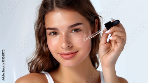 Smiling Latina Woman Applying Hyaluronic Acid Serum, Enriched with Vitamin C and Niacinamide for Hydration and Radiant Skin, Solid White Background. 