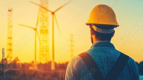 An engineer observes a wind turbine farm at sunset, reflecting on advancements in renewable energy technologies and sustainability