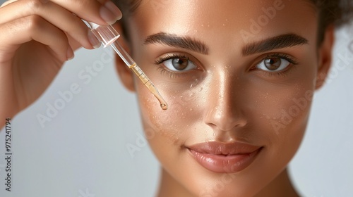 Smiling Afro-American Woman Applying Hyaluronic Acid Serum, Enriched with Vitamin C and Niacinamide for Hydration and Radiant Skin, Solid White Background.