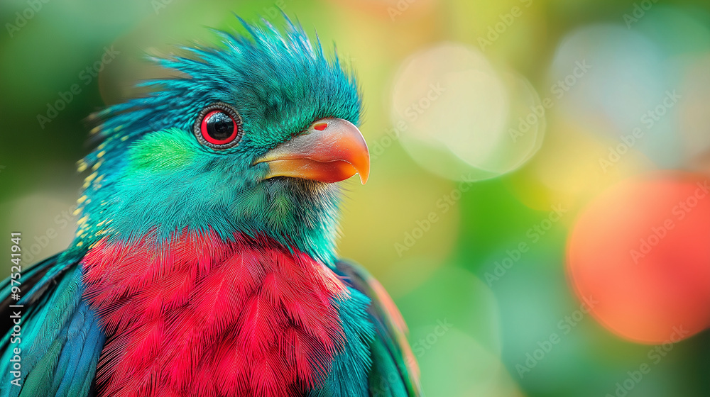 Fototapeta premium Quetzal with Vibrant Plumage, focusing on the vibrant green and red feathers of the Quetzal bird, with copy space
