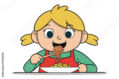 Girl eating spaghetti, vector illustration on white background.