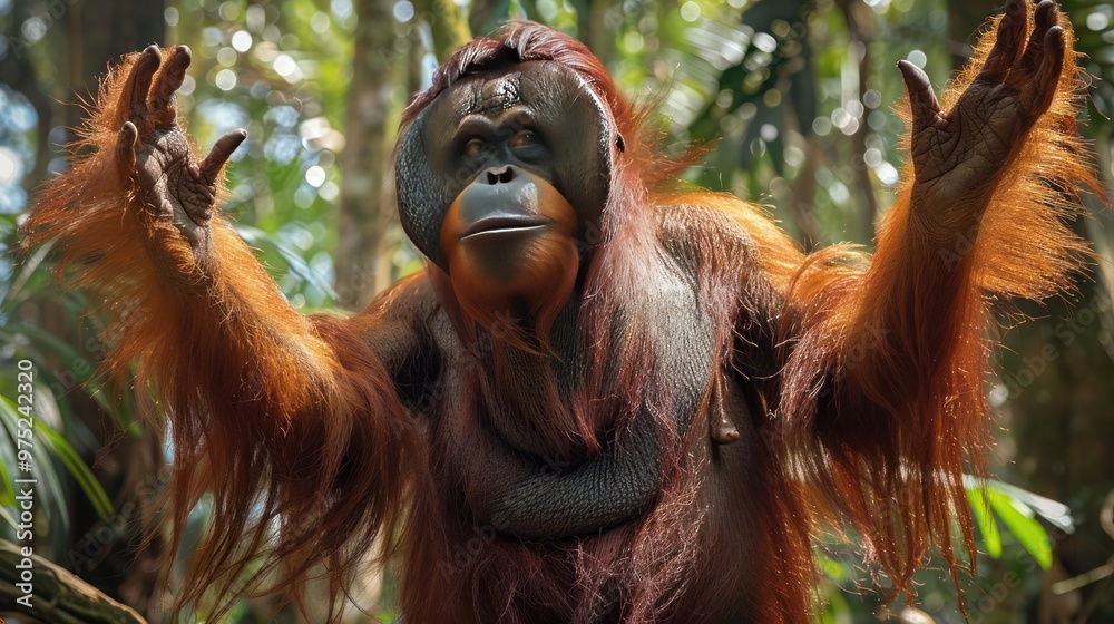 Fototapeta premium A baby orangutan in the jungle, looking happy and reaching out towards you with its hands.