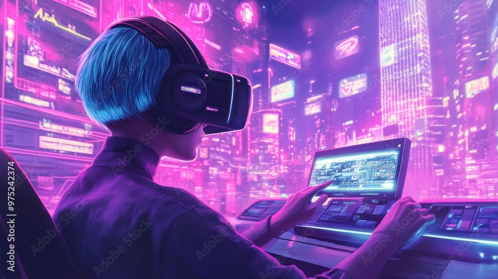 A person with blue hair wearing a VR headset, interacting with a futuristic interface in neon colors. A person with blue hair wearing a VR headset, interacting with a futuristic interface in neon colors.