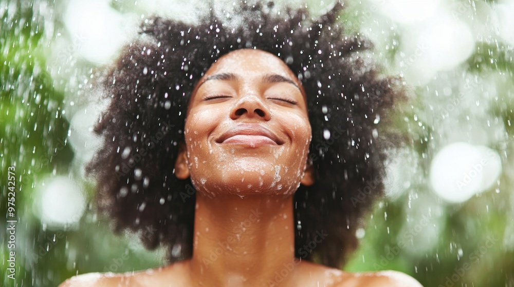 Obraz premium A woman with curly hair stands blissfully under a rain shower, feeling rejuvenated in a vibrant garden setting