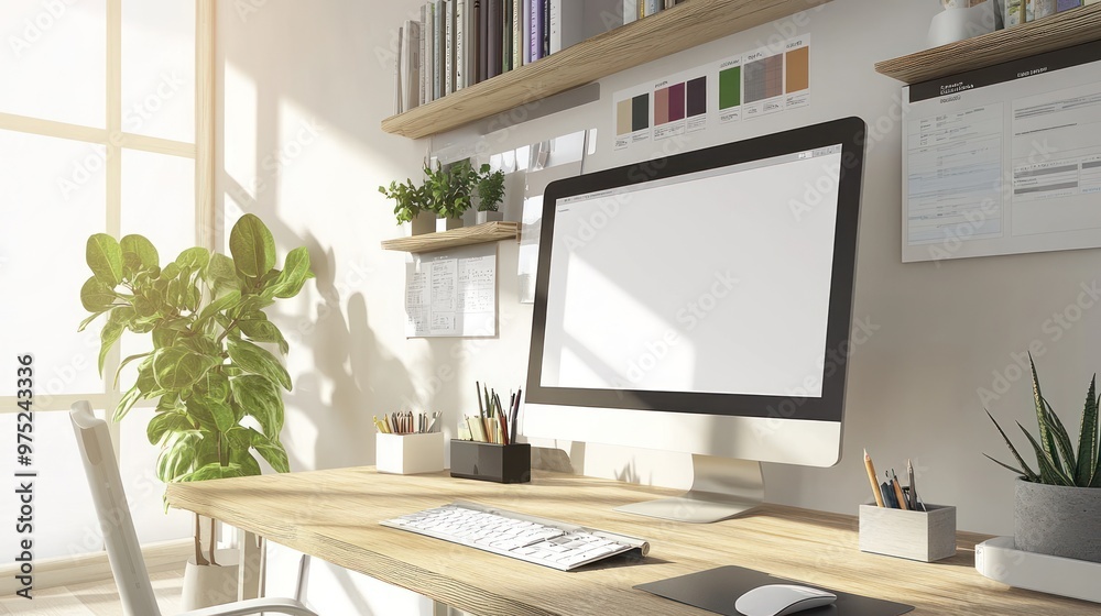 A modern workspace featuring a computer, plants, and organized shelves. A modern workspace featuring a computer, plants, and organized shelves.