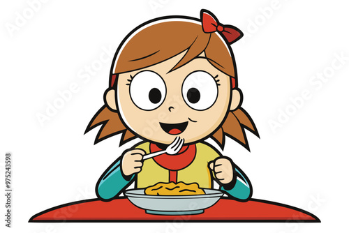 Girl eating spaghetti, vector illustration on white background.