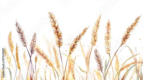 Watercolor illustration ears of wheat on white background,Colorful background for fabric,Hand drawn,Agriculture Farm Fresh Healthy Tasty Organic Bread Food,Vector illustration of ears element.