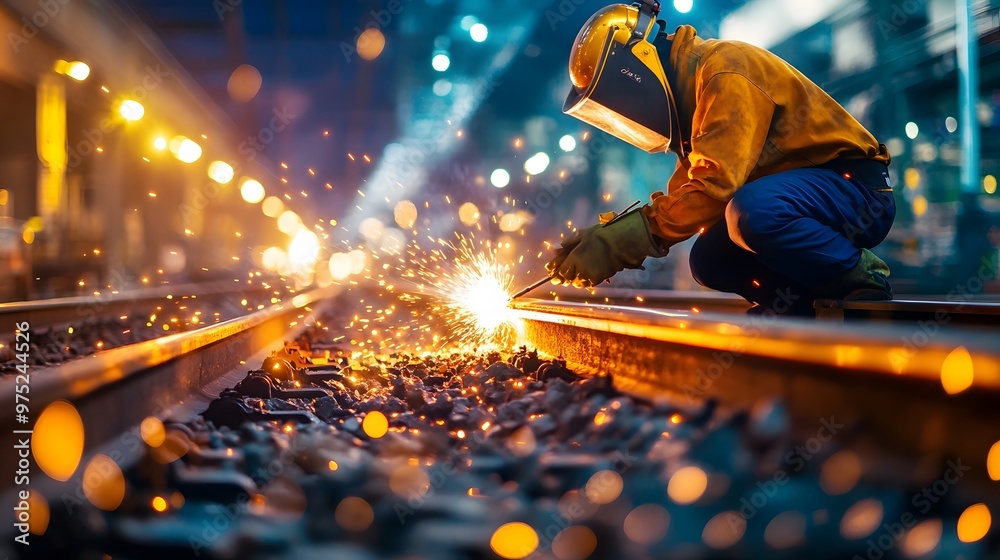 A welder works on railroad tracks at night, sparks flying from his welding torch.