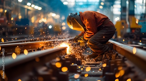 A welder works on railroad tracks, sparks flying from his welding torch.