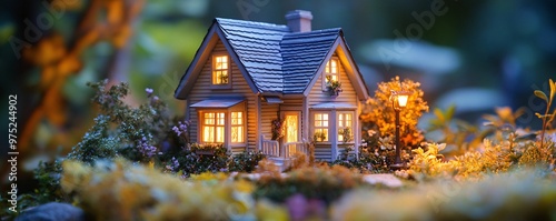 Miniature model house standing in a forset at night with lights on photo