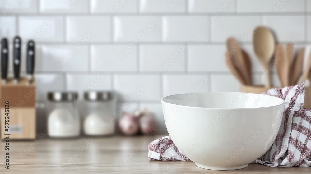A white bowl on a kitchen counter with utensils and ingredients in the background. A white bowl on a kitchen counter with utensils and ingredients in the background.