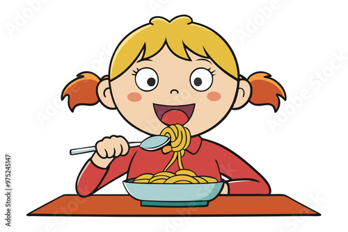 Girl eating spaghetti, vector illustration on white background.