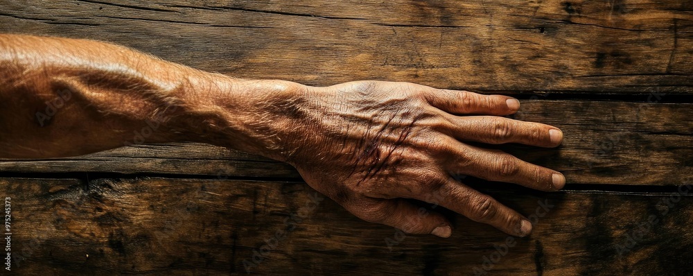Fototapeta premium A close-up of a weathered hand resting on a wooden surface, showcasing strength and resilience in its textures and details.