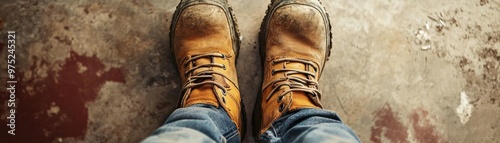 A close-up of rugged work boots on a textured floor, showcasing durability and readiness for tough jobs. photo