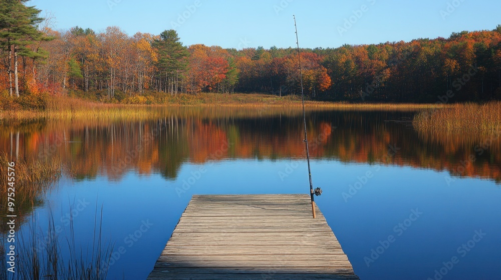 A serene lakeside view with autumn foliage reflecting on the water. A serene lakeside view with autumn foliage reflecting on the water.