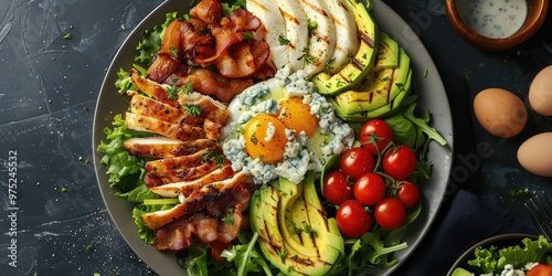 Bird's-eye perspective of a Cobb salad featuring blue cheese dressing, a timeless dish consisting of leafy greens, avocado, cherry tomatoes, crunchy chicken, bacon pieces, celery, cheese, and a hard photo