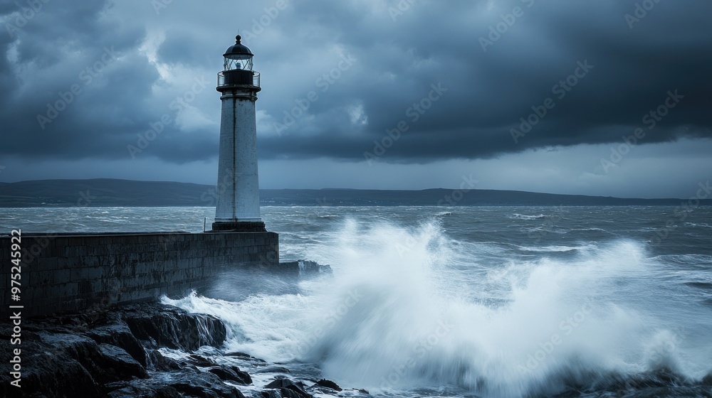 A lighthouse stands against turbulent waves under a stormy sky. A lighthouse stands against turbulent waves under a stormy sky.