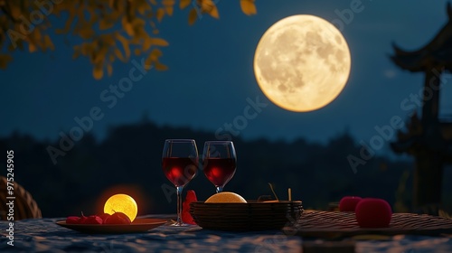 A bright moon visible in the distance with a glass of wine on the table nearby, captured with a telephoto lens. The front view emphasizes the serene and festive atmosphere of the Mid-Autumn Festival, 