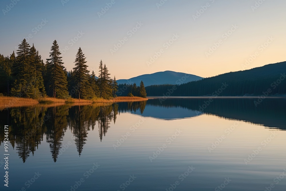 Fototapeta premium Pine Tree Reflection on Calm Lake Water Isolated on White Background