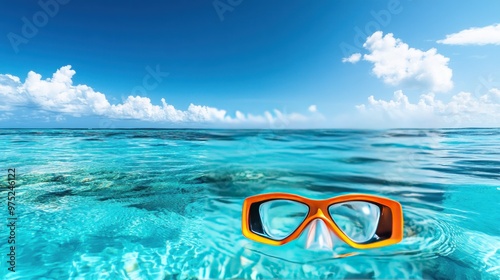 A pair of orange snorkeling goggles floating on the surface of clear blue water.