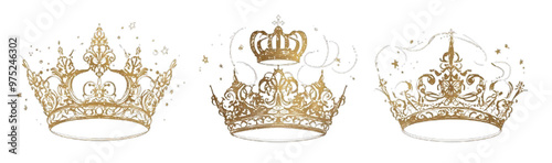 Stylish set of three crown clip art designs on a transparent background, perfect for embellishments, logos, and decorative elements in various creative projects.